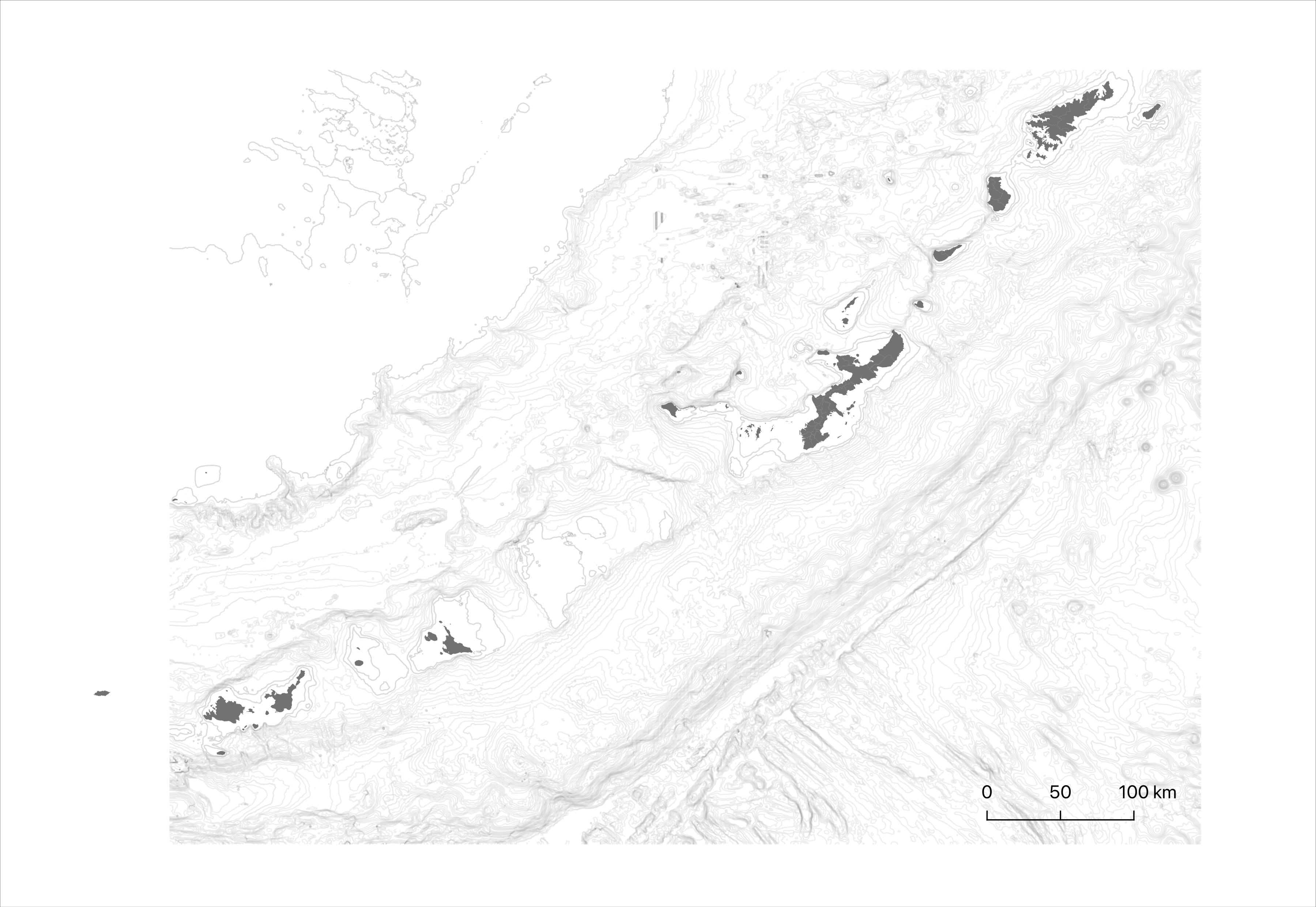 琉球列島のフィールドワーク拠点を示す地形図。6つの赤いマーカー。